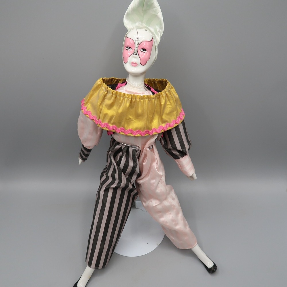 Porcelain & Cloth Clown Jester Doll 15" Silky Cloth porcelain‎ Hands Head Feet